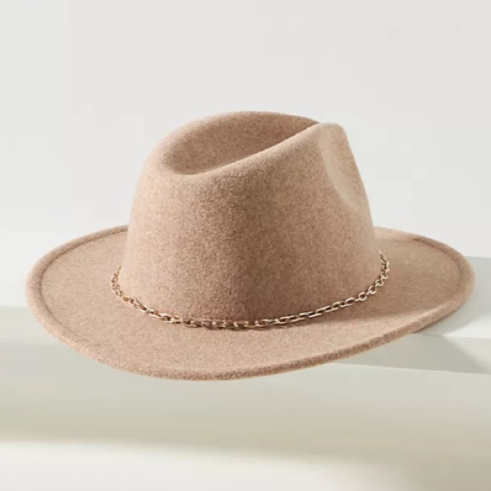 Anthropologie Wool Gold Tone Chain Link Trimmed Fedora Hat New With Tag - Picture 2 of 9